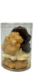 Cilinders klein gemengd pinda rots (puur-melk-wit-caramel en caramel zeezout) circa 150 gr